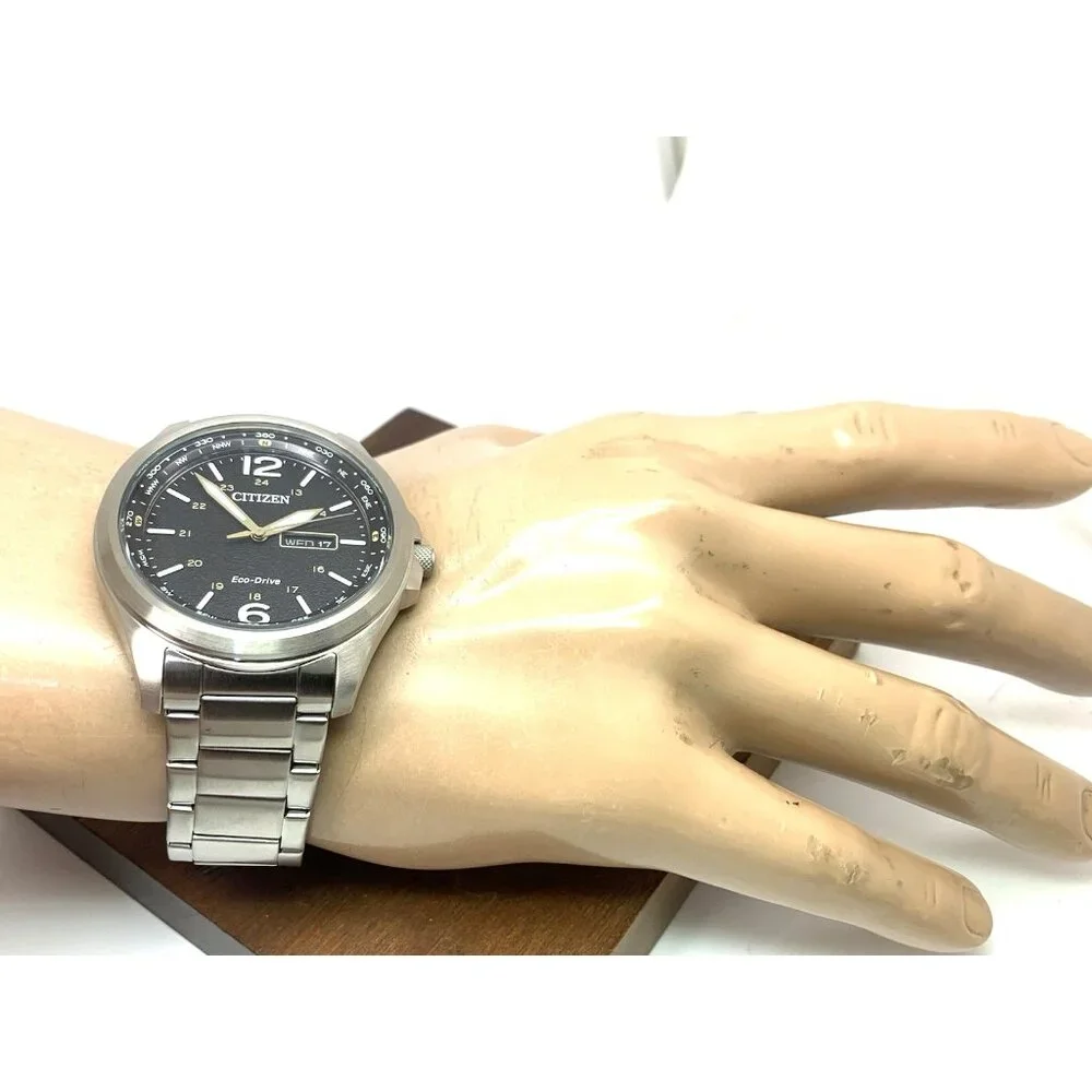 Citizen Men's Watch AW0110-58E Eco Drive Black Dial Day Date Silver Steel 44mm